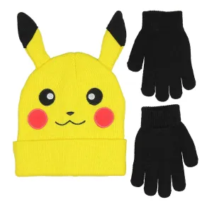 Pikachu with Ears Knit Hat and Gloves Set