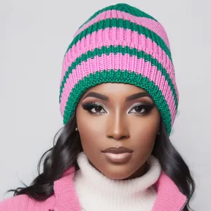 Pink Green Stripe Knit Beanie