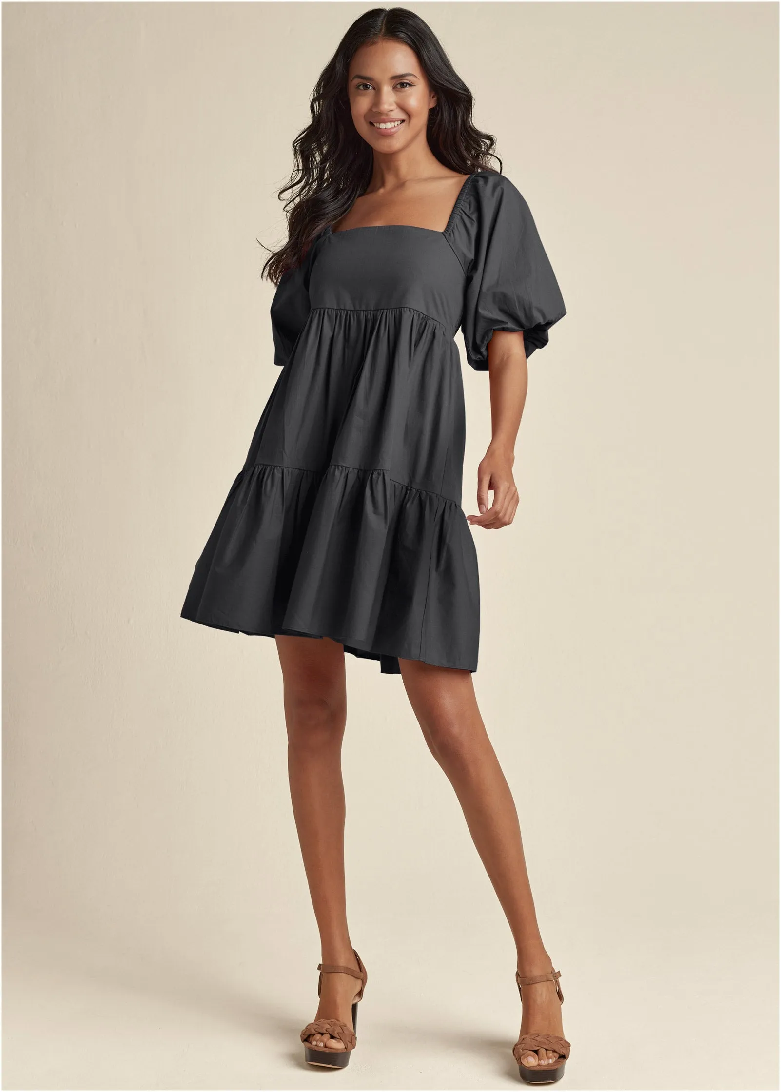 Puff Sleeve Mini Dress - Black