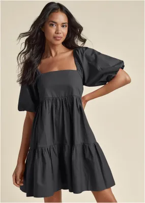 Puff Sleeve Mini Dress - Black