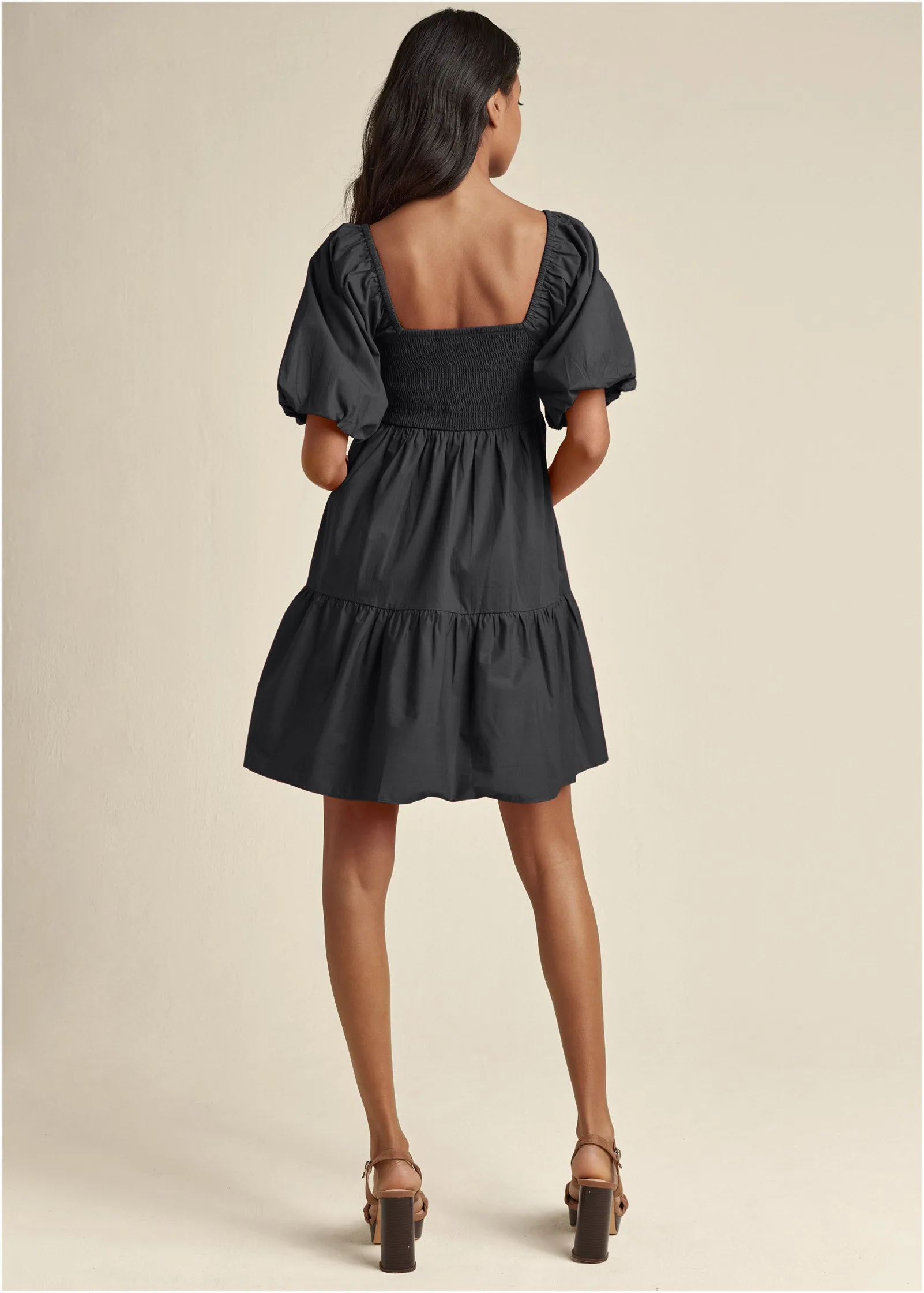 Puff Sleeve Mini Dress - Black