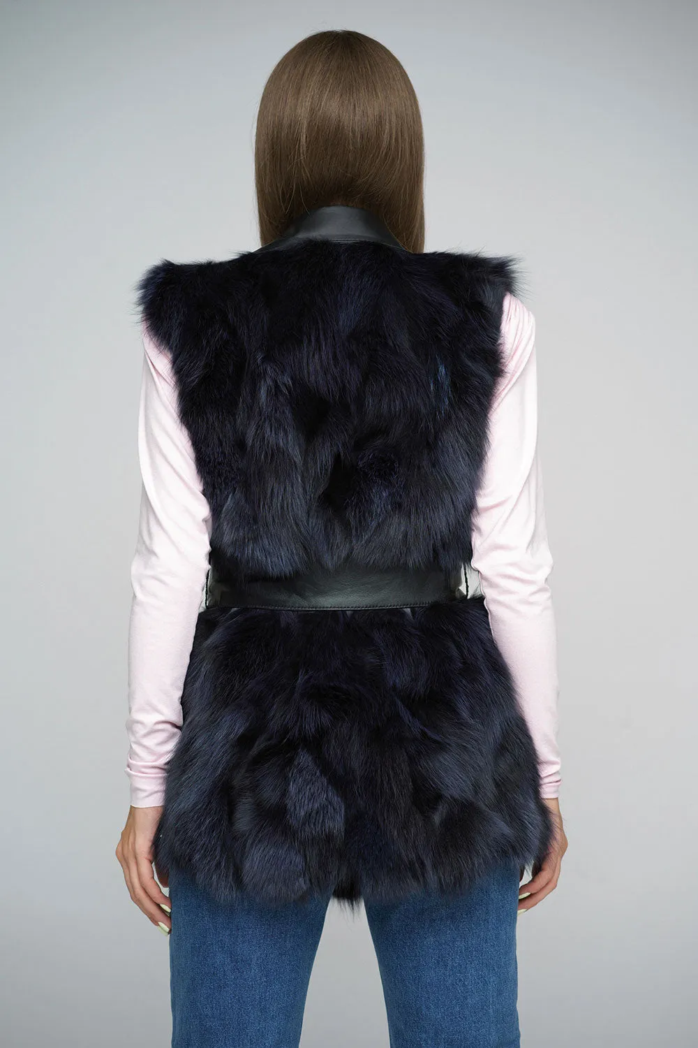 Purple Genuine Fox Fur Vest with Leather Belt