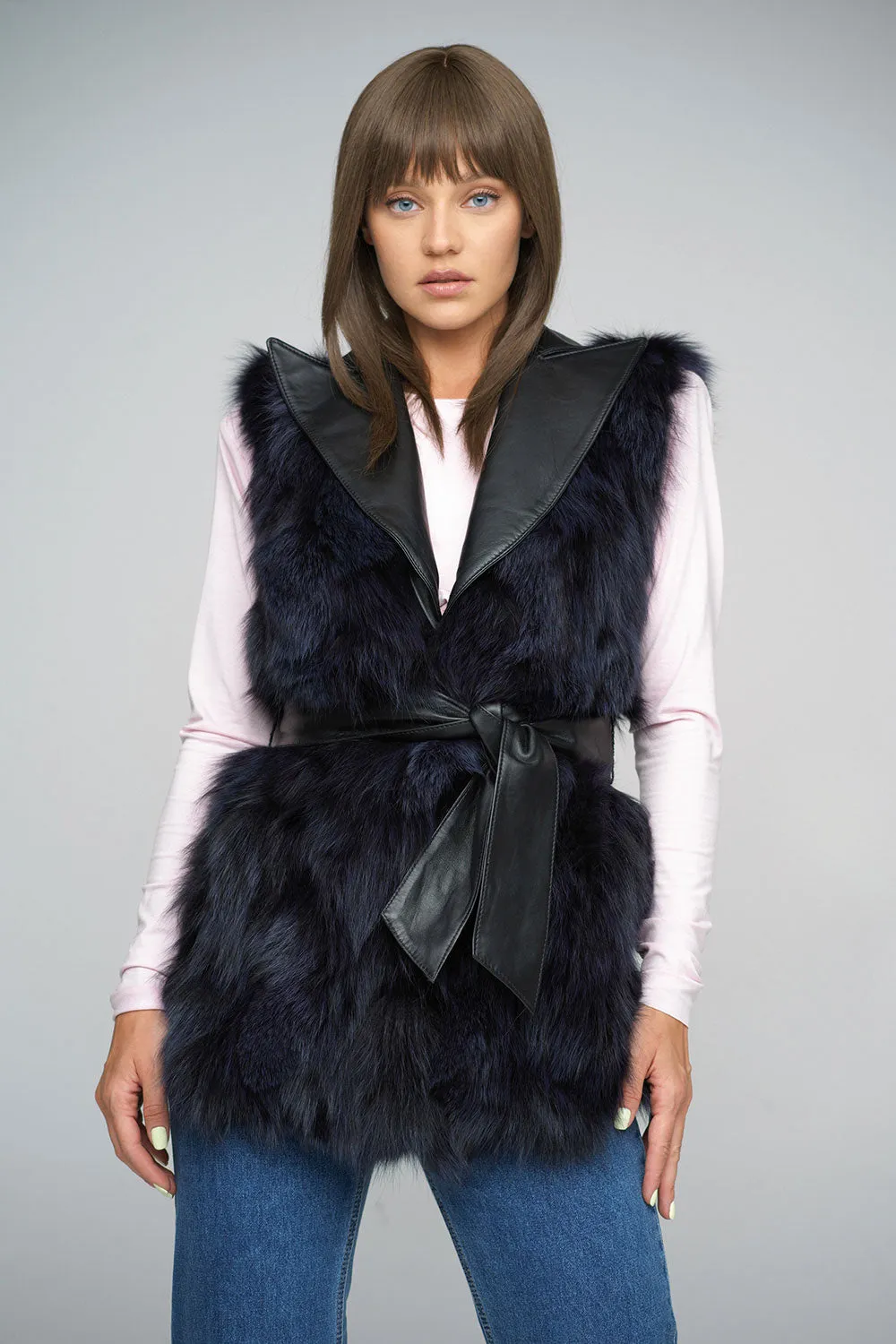 Purple Genuine Fox Fur Vest with Leather Belt