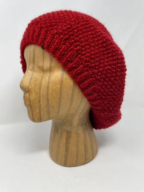 Red Acrylic Seed Stitch Knit Beret Hat