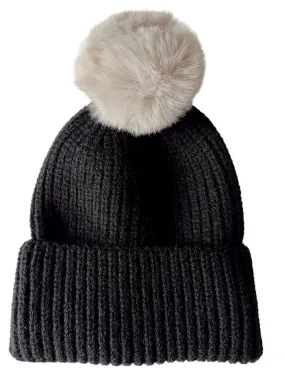 Rib Knit Fur Pom Hat, Obsidian