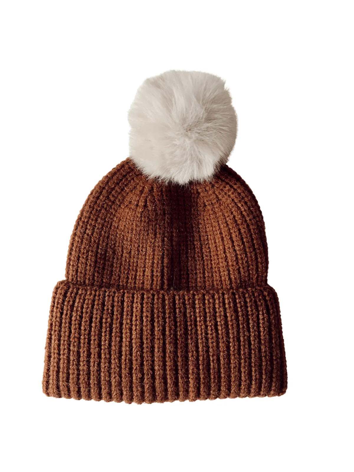 Rib Knit Fur Pom Hat, Saddle