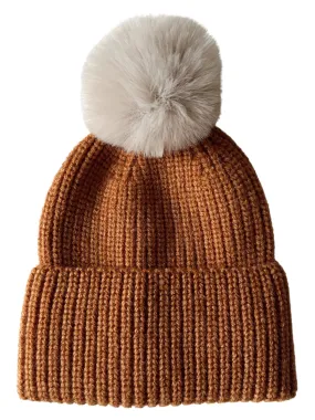 Rib Knit Fur Pom Hat, Toffee