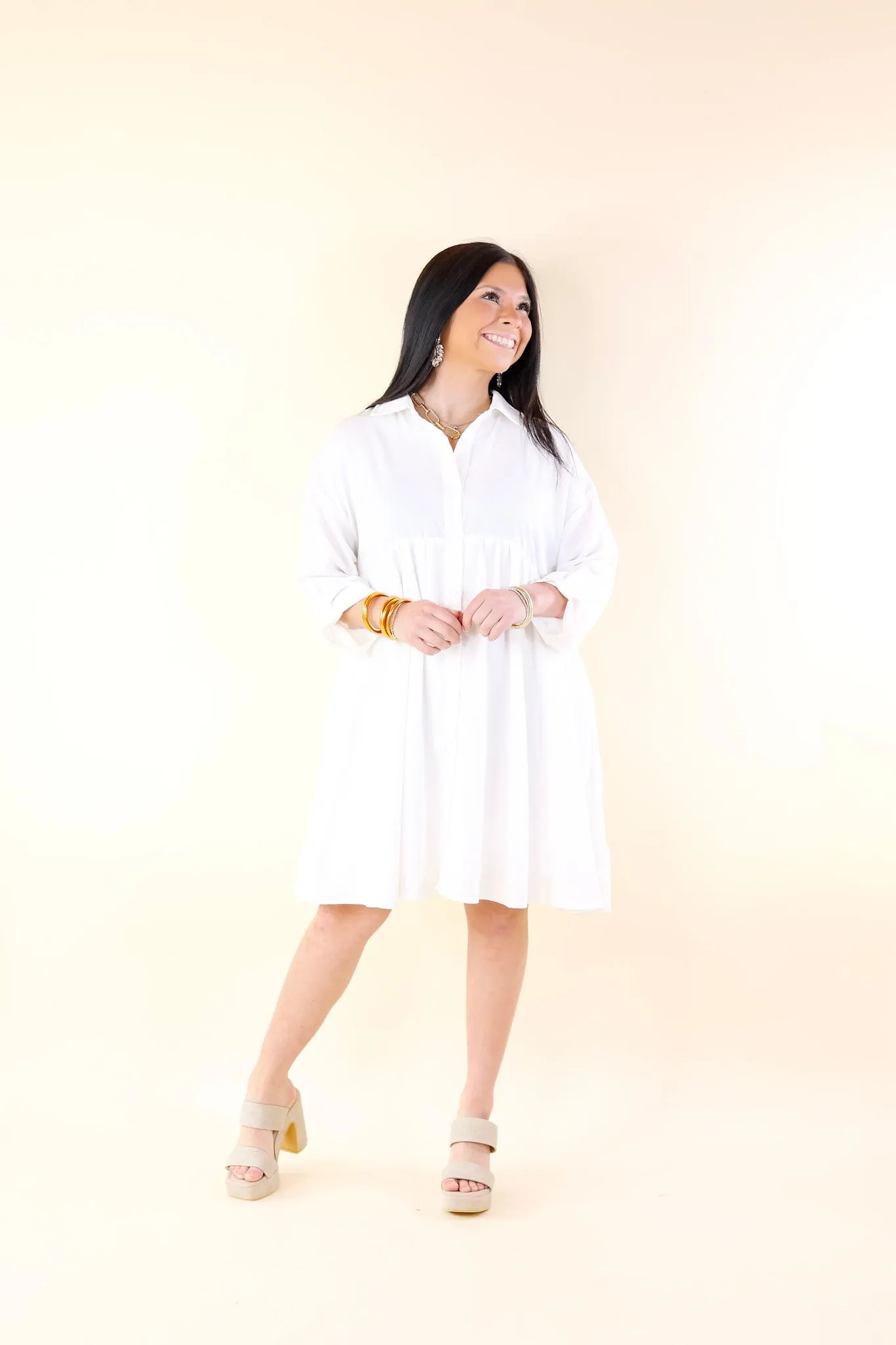 Risky Business Button Up Babydoll Dress in White