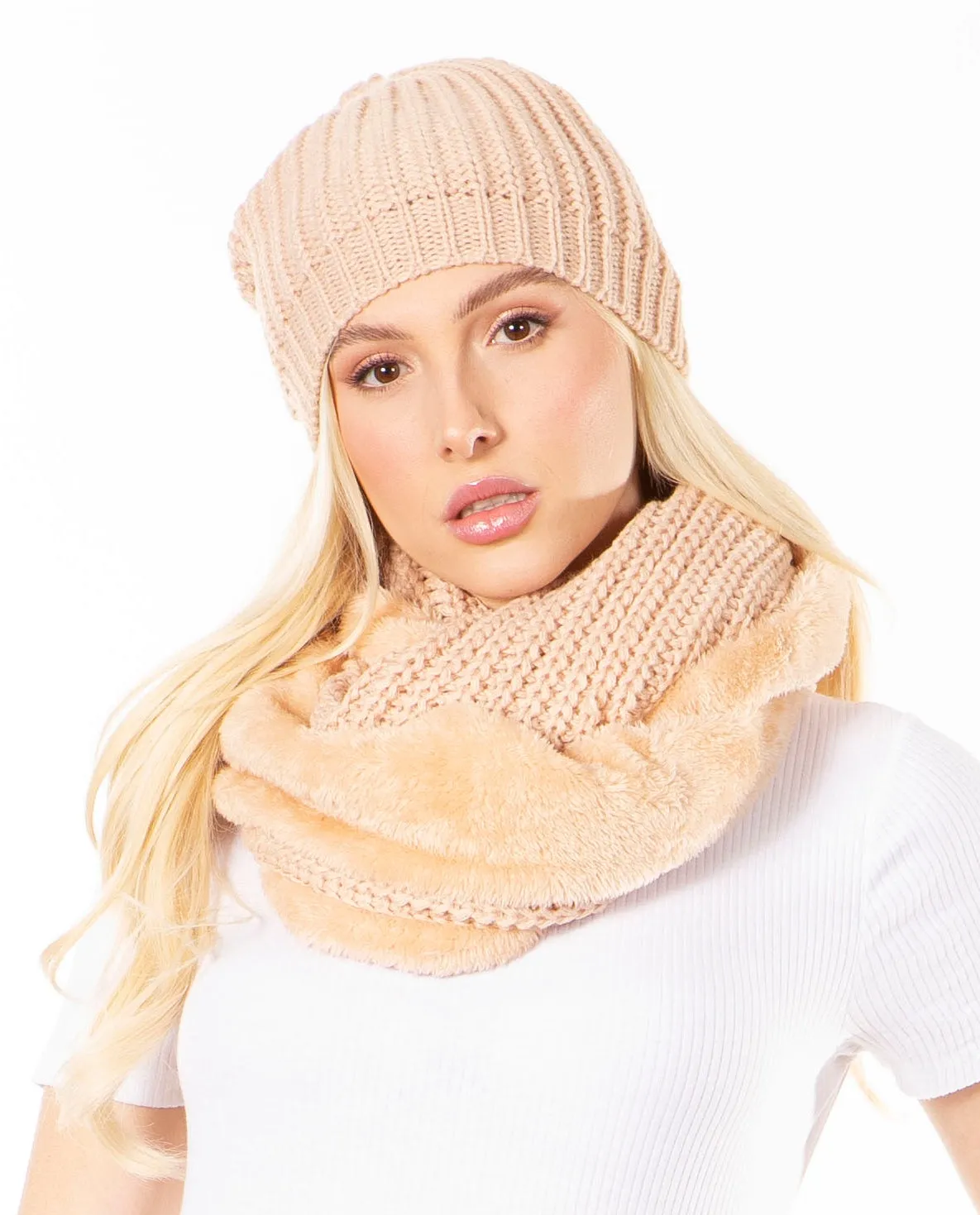 Sakkas Balencia Cool Girl Long Wide Soft Fur Lined Infinity Scarf Beanie Hat Set