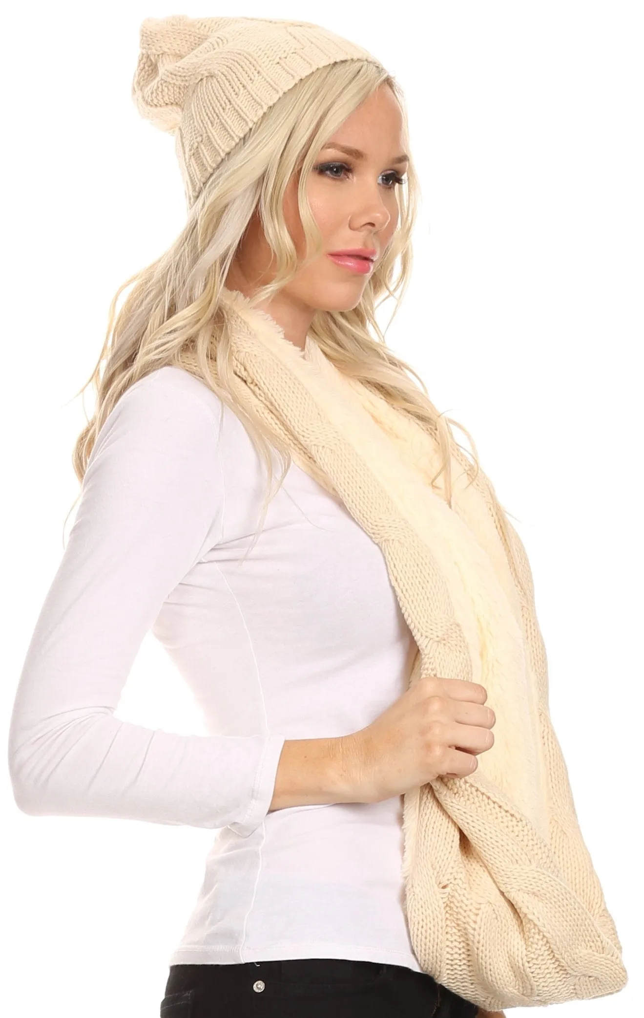 Sakkas Olliey Long Wide Classic Cable Knit Fur Lined Infinity Scarf And Hat Set