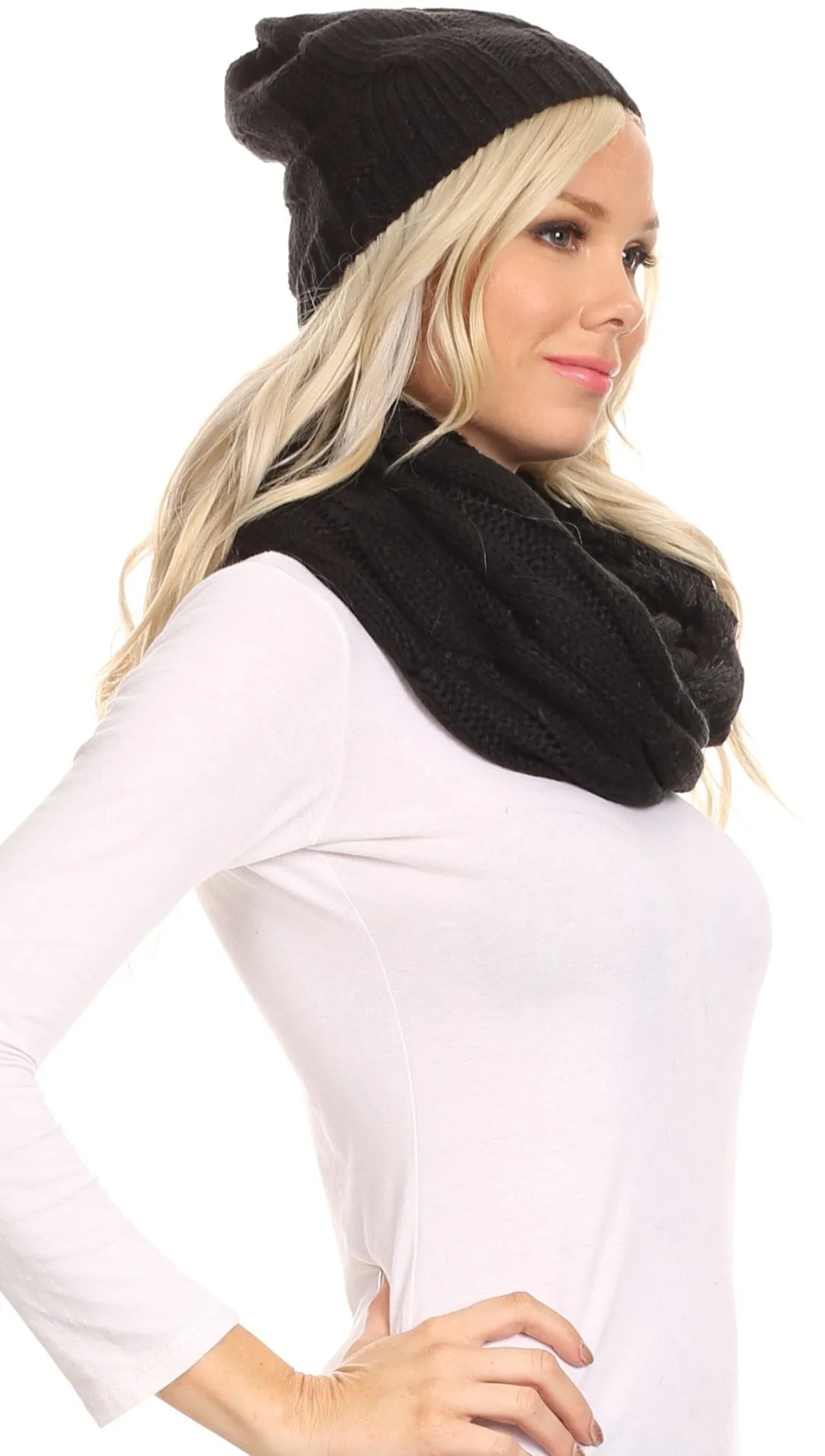 Sakkas Olliey Long Wide Classic Cable Knit Fur Lined Infinity Scarf And Hat Set