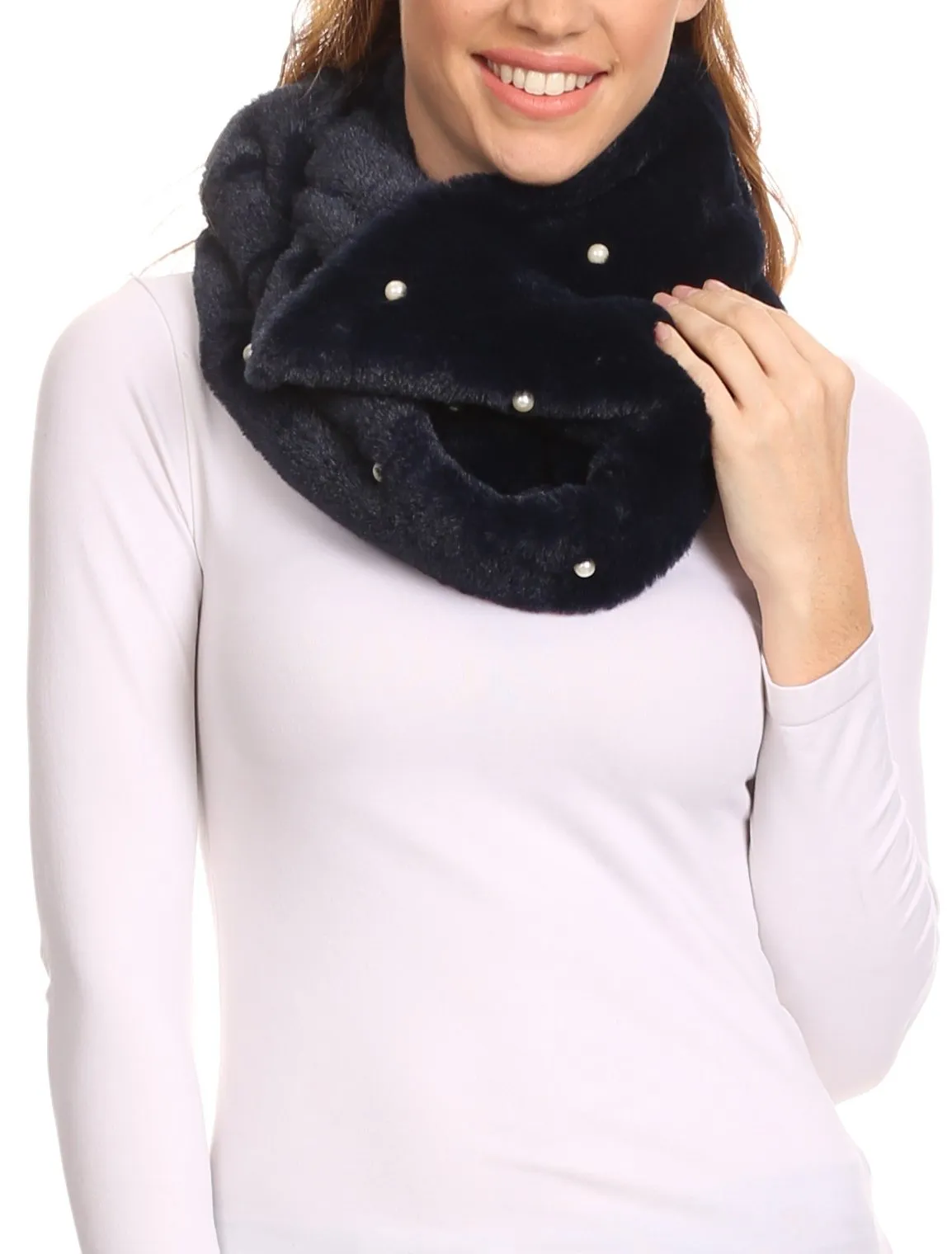 Sakkas Sabby Long Thin Faux Fur Pearl Embellishment Warm Soft Infinity Scarf