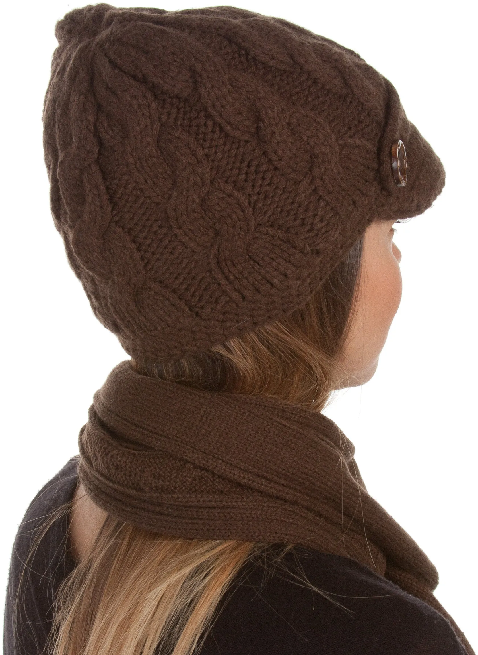 Sakkas Womens 2-piece Cable Knitted Visor Beanie Scarf and Hat Set with Button