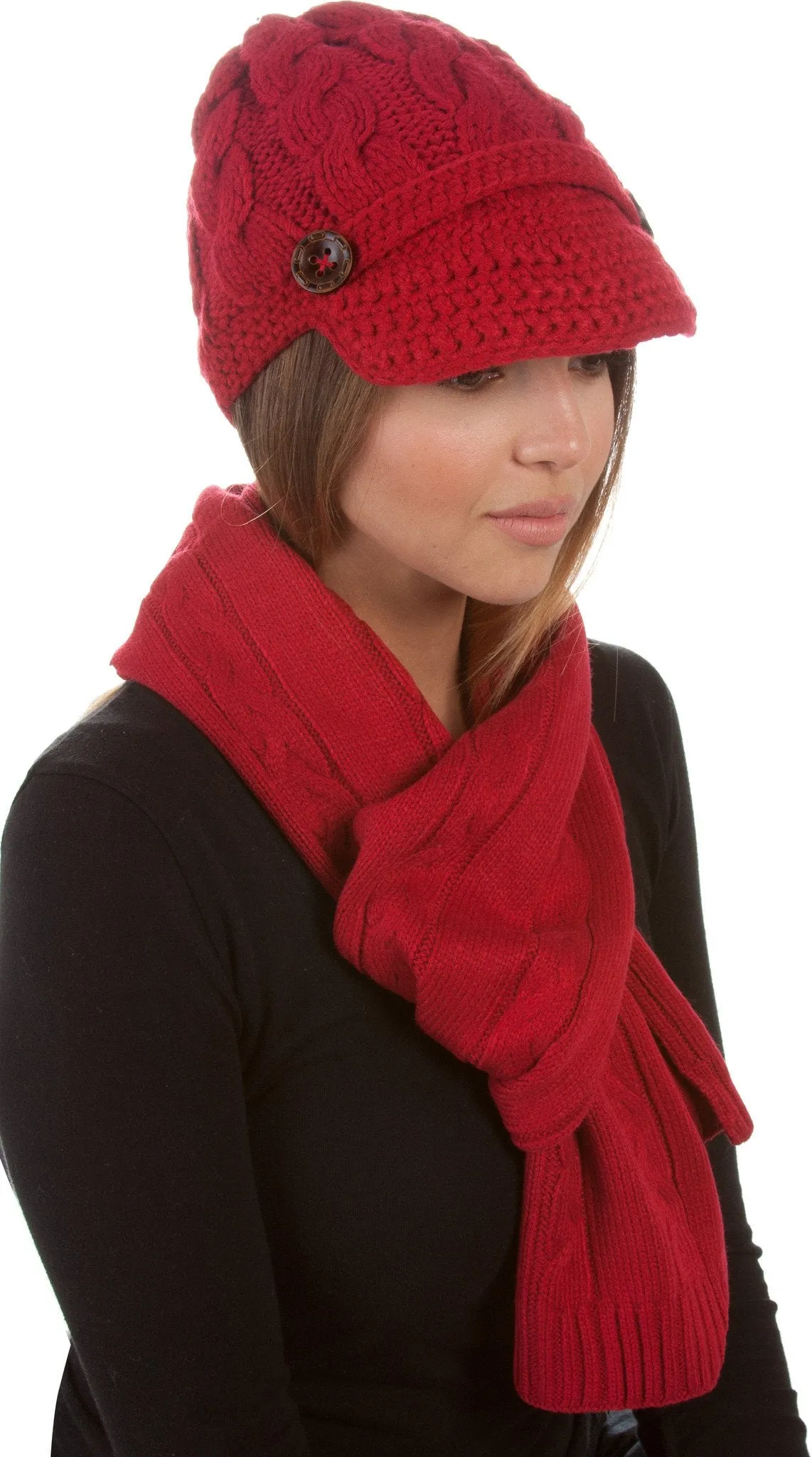 Sakkas Womens 2-piece Cable Knitted Visor Beanie Scarf and Hat Set with Button