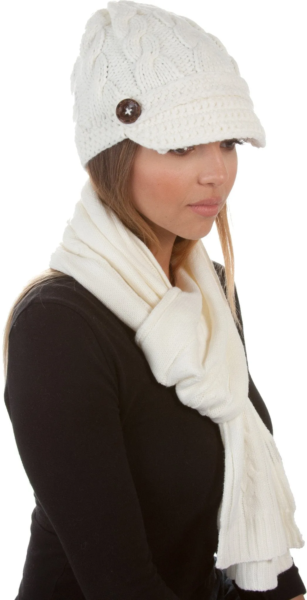 Sakkas Womens 2-piece Cable Knitted Visor Beanie Scarf and Hat Set with Button