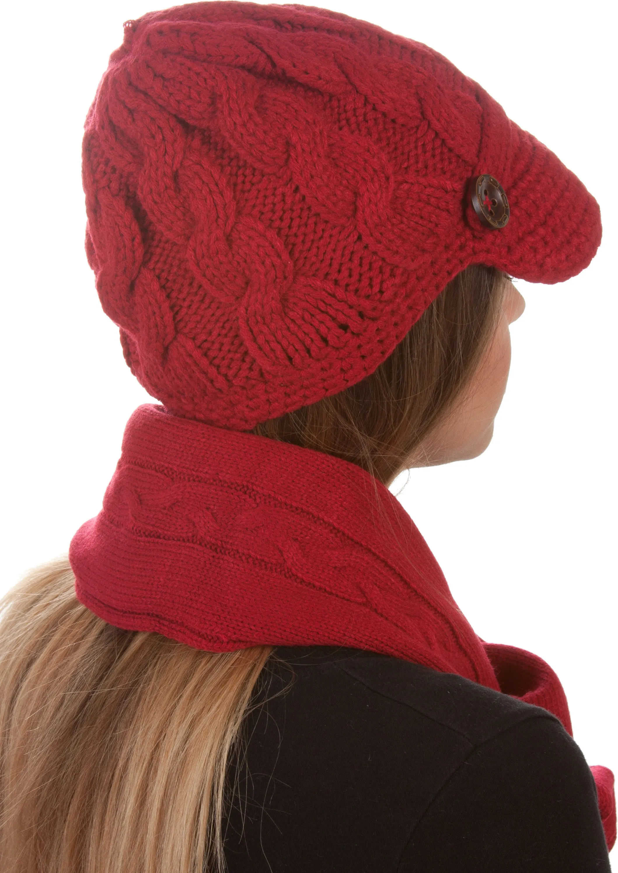 Sakkas Womens 2-piece Cable Knitted Visor Beanie Scarf and Hat Set with Button