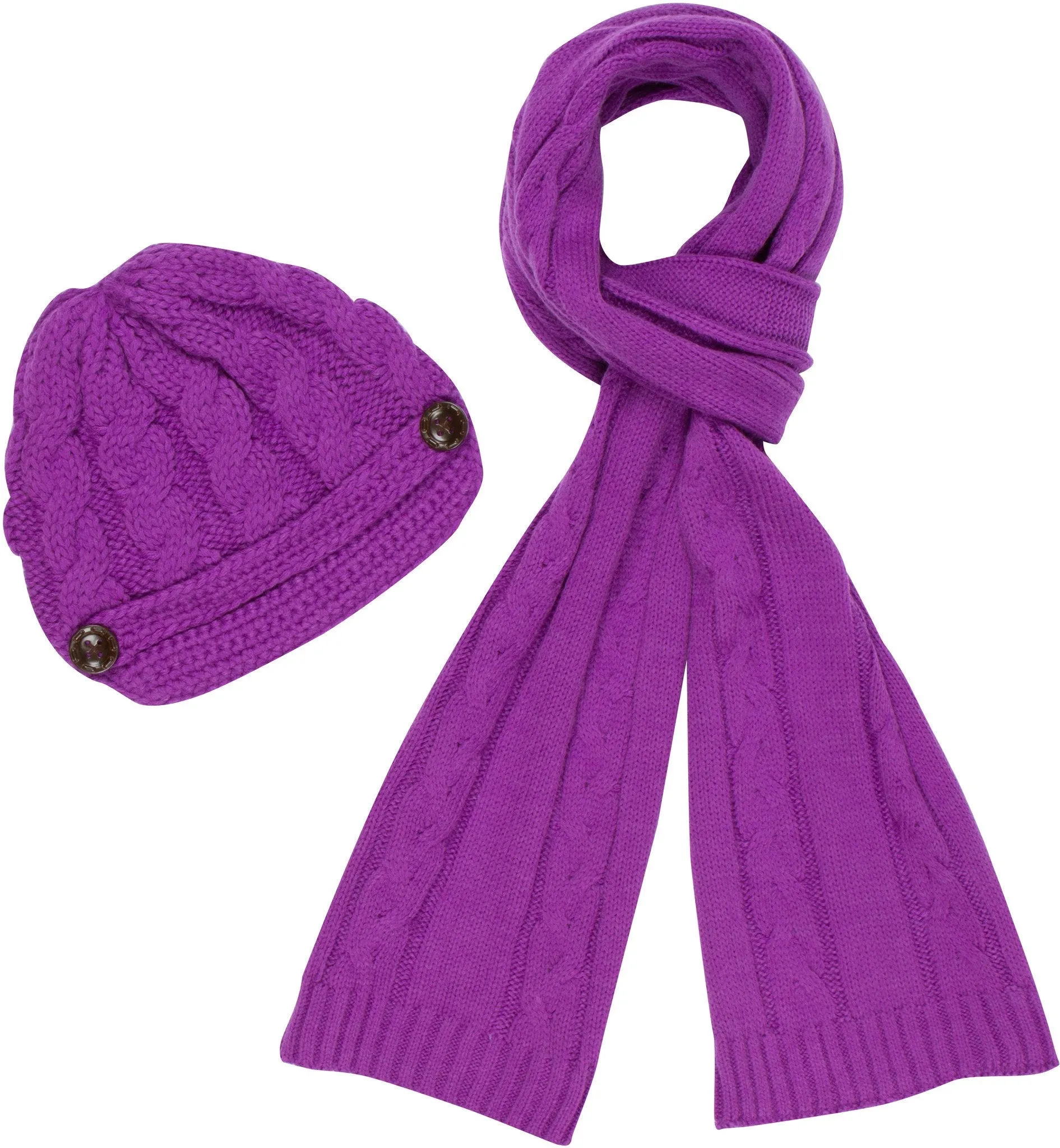 Sakkas Womens 2-piece Cable Knitted Visor Beanie Scarf and Hat Set with Button