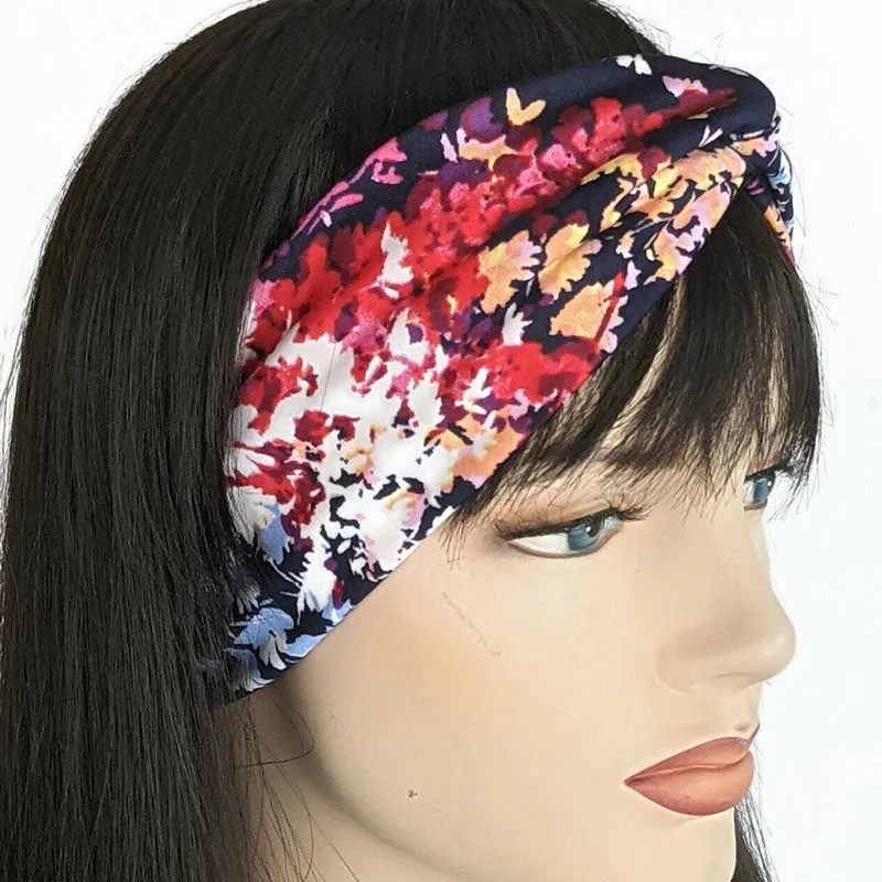 Turban style comfy wide poly knit fashion headband, bright floral on navy