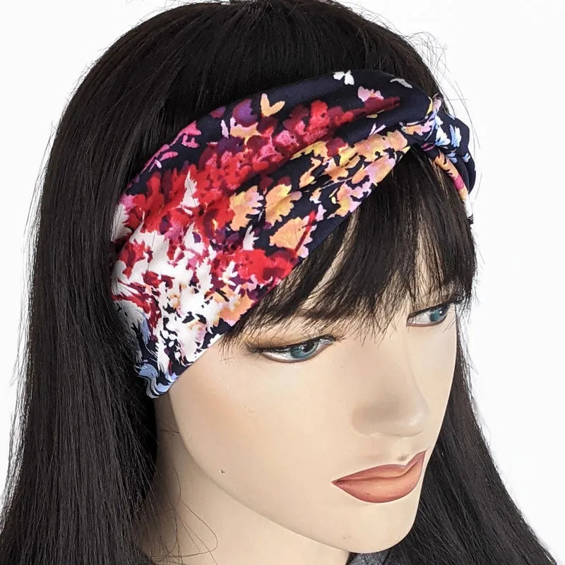 Turban style comfy wide poly knit fashion headband, bright floral on navy