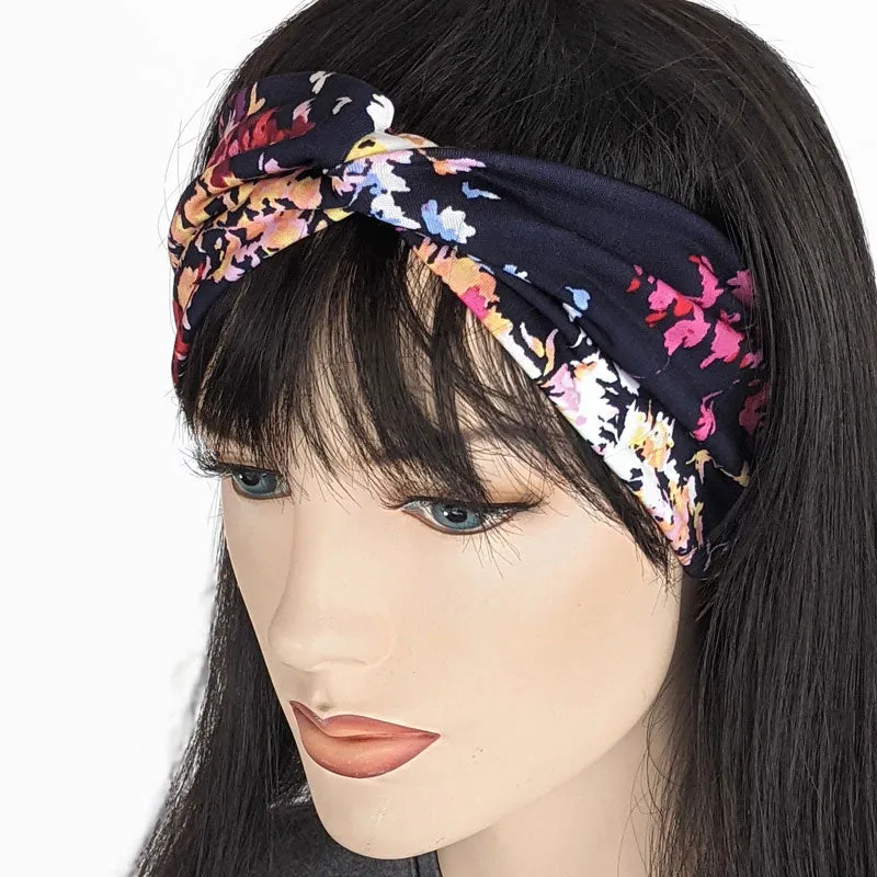 Turban style comfy wide poly knit fashion headband, bright floral on navy