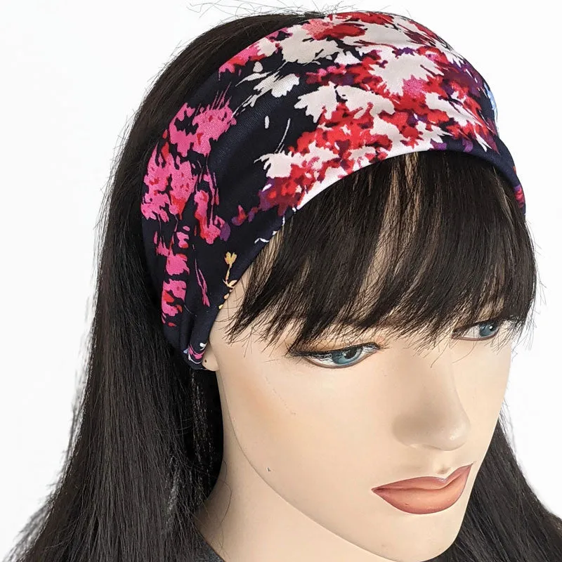 Turban style comfy wide poly knit fashion headband, bright floral on navy