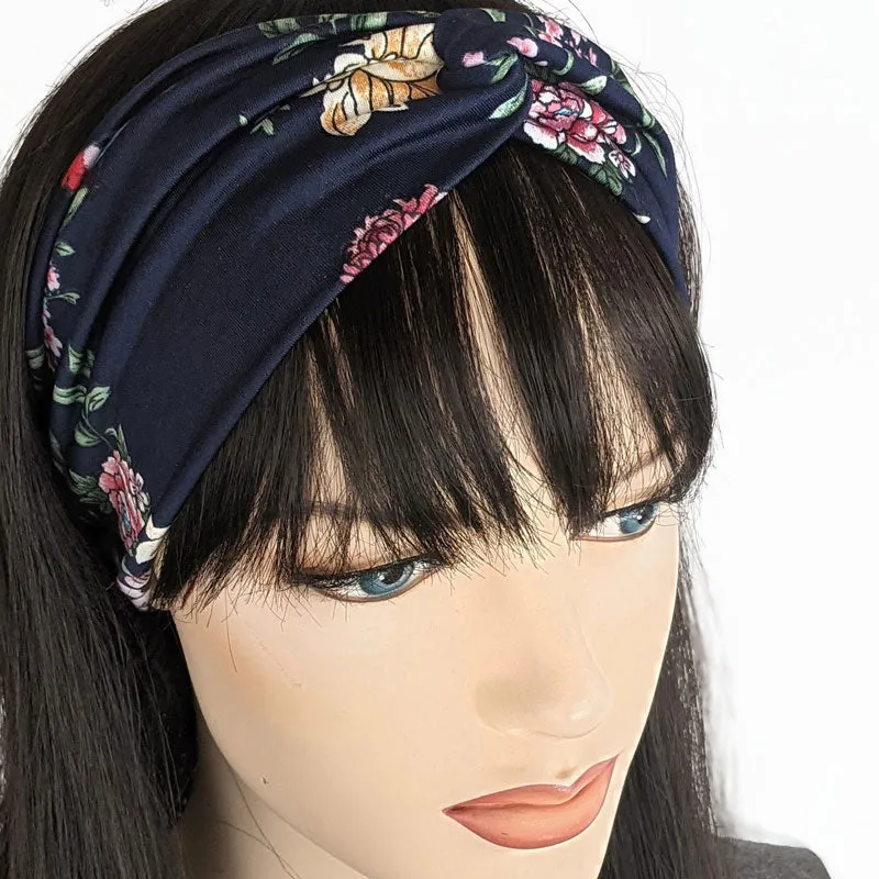 Turban style comfy wide poly knit fashion headband, tradional floral on navy