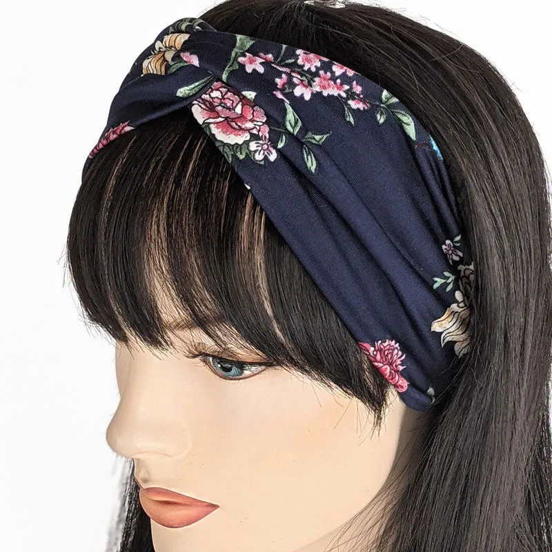 Turban style comfy wide poly knit fashion headband, tradional floral on navy