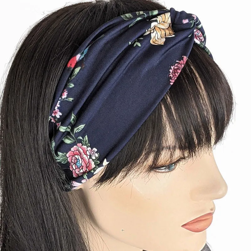 Turban style comfy wide poly knit fashion headband, tradional floral on navy