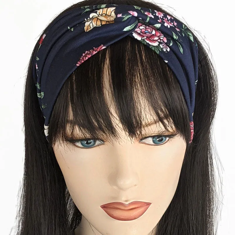 Turban style comfy wide poly knit fashion headband, tradional floral on navy