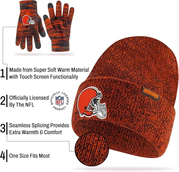 Ultra Game Adults Unisex NFL Official Super Soft Marl Knit Winter Beanie Knit Hat with Extra Warm Touch Screen Gloves|Cleveland Browns