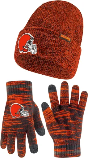 Ultra Game Adults Unisex NFL Official Super Soft Marl Knit Winter Beanie Knit Hat with Extra Warm Touch Screen Gloves|Cleveland Browns