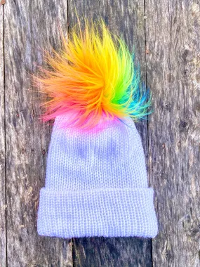 White Fitted slouchy knit pom pom beanie cozy acrylic white rainbow pride love