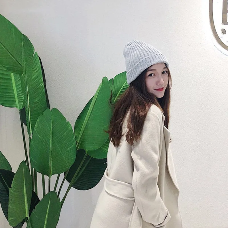 Winter Solid Color Wool Knit Beanie Women Fashion Casual Hat Warm Female Soft Thicken Hedging Cap Slouchy Bonnet Ski