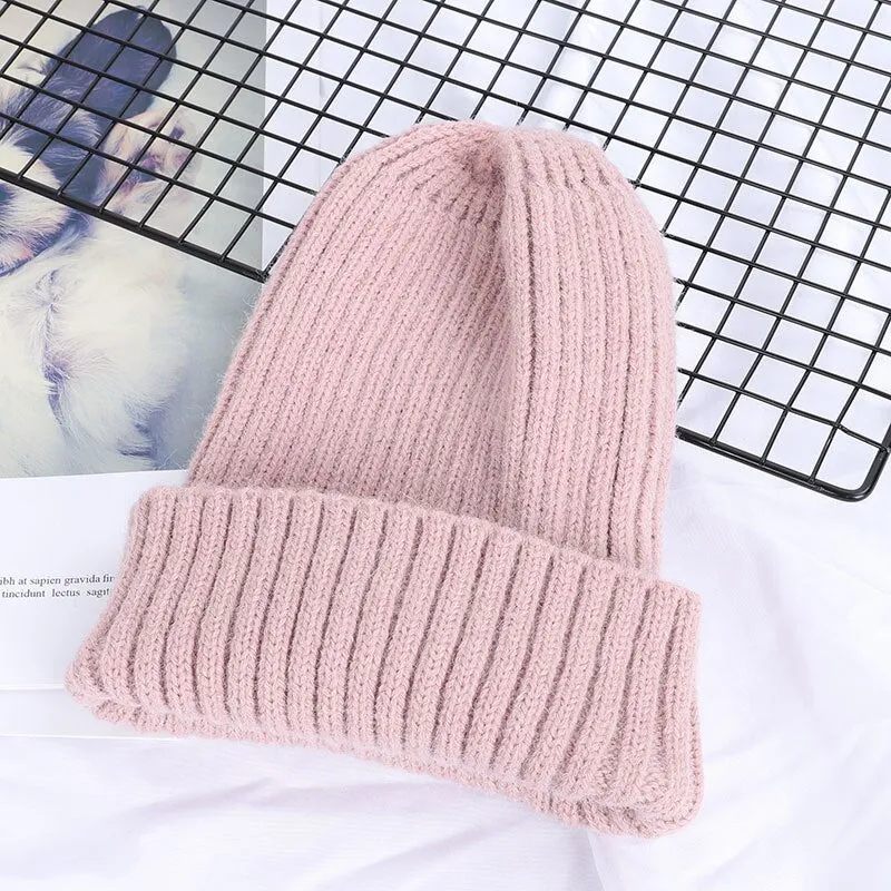 Winter Solid Color Wool Knit Beanie Women Fashion Casual Hat Warm Female Soft Thicken Hedging Cap Slouchy Bonnet Ski