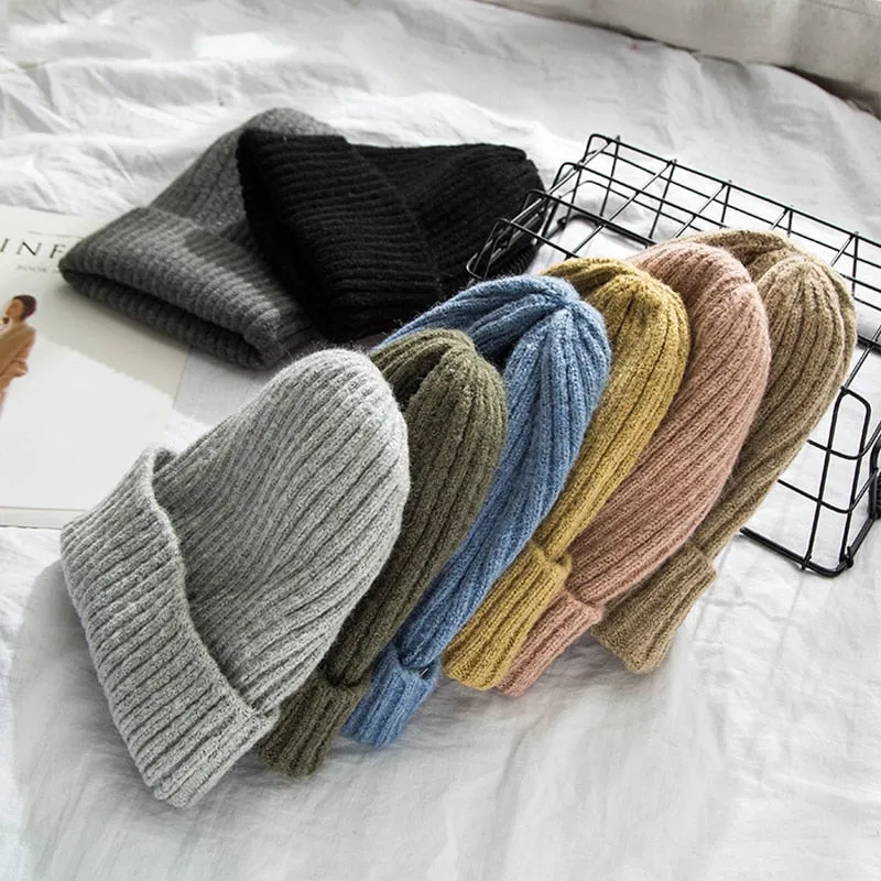 Winter Solid Color Wool Knit Beanie Women Fashion Casual Hat Warm Female Soft Thicken Hedging Cap Slouchy Bonnet Ski