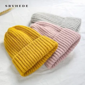 Winter Solid Color Wool Knit Beanie Women Fashion Casual Hat Warm Female Soft Thicken Hedging Cap Slouchy Bonnet Ski