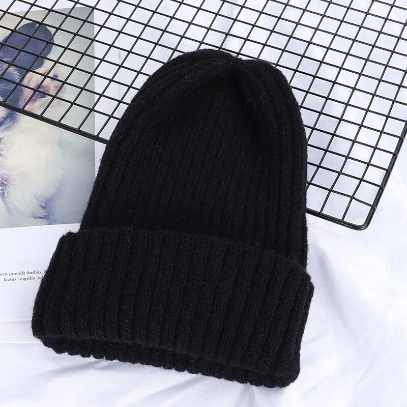 Winter Solid Color Wool Knit Beanie Women Fashion Casual Hat Warm Female Soft Thicken Hedging Cap Slouchy Bonnet Ski