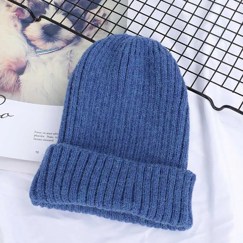 Winter Solid Color Wool Knit Beanie Women Fashion Casual Hat Warm Female Soft Thicken Hedging Cap Slouchy Bonnet Ski