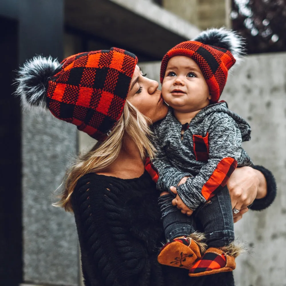 Winter Wool Ball Red Plaid Parent-child Warm Knitted Hat