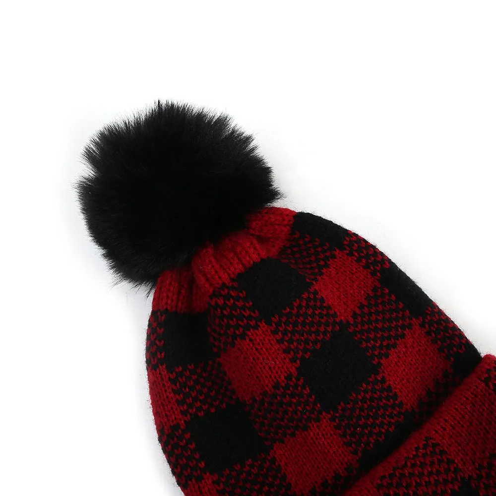 Winter Wool Ball Red Plaid Parent-child Warm Knitted Hat