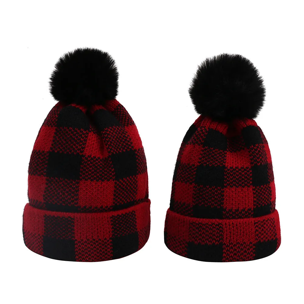 Winter Wool Ball Red Plaid Parent-child Warm Knitted Hat