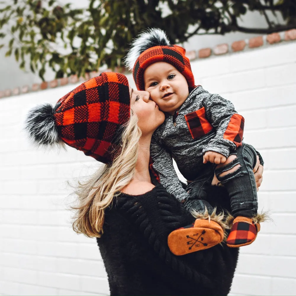 Winter Wool Ball Red Plaid Parent-child Warm Knitted Hat