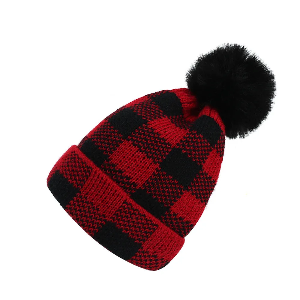 Winter Wool Ball Red Plaid Parent-child Warm Knitted Hat