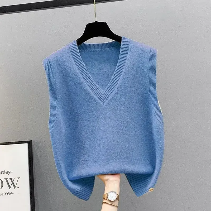 Women's Sleeveless Knitted Sweater Loose V Neck Sleeveless Knitwear Vest for Women Crop Knit Gilet Solid Color Waistcoat