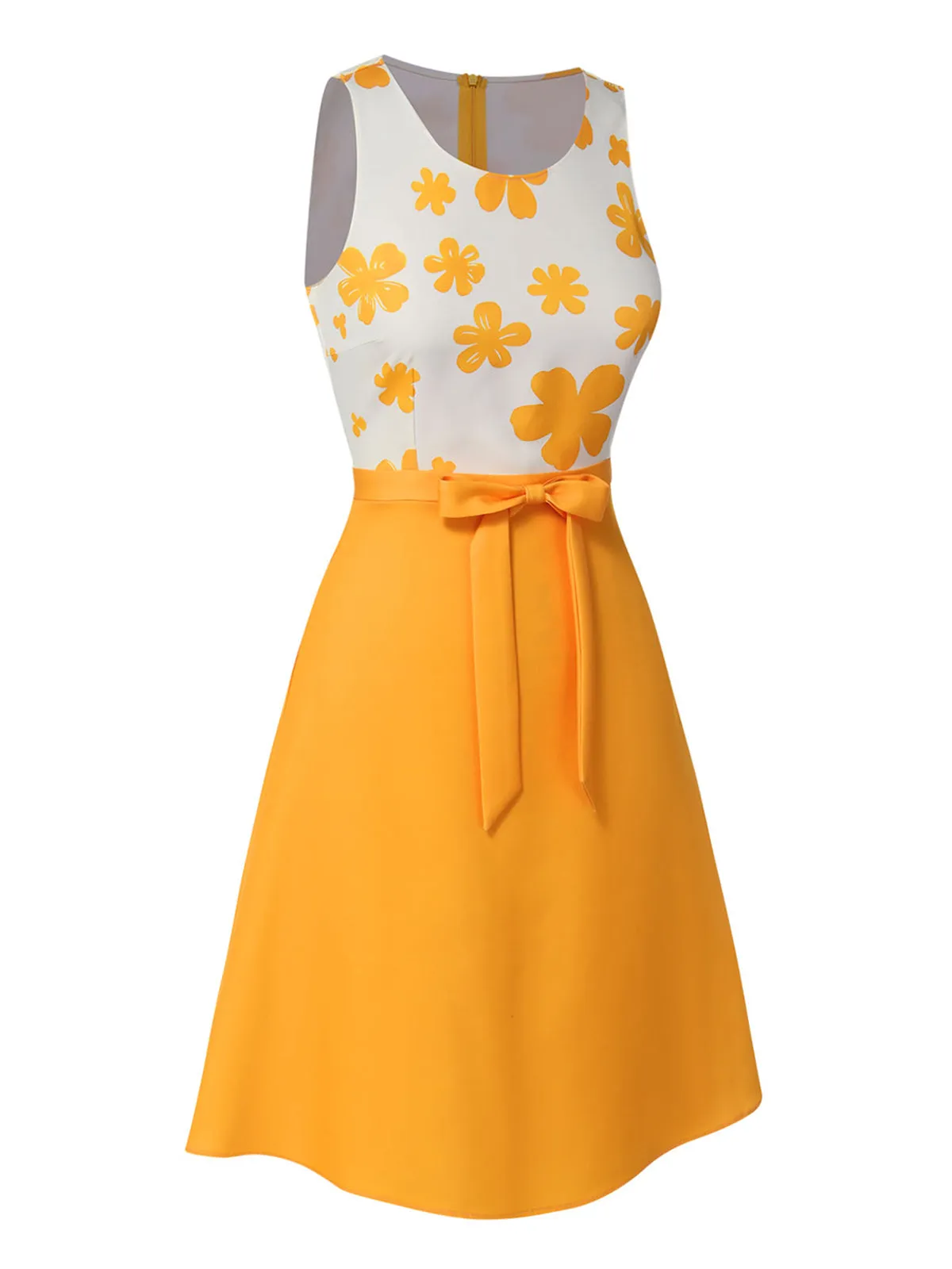 Yellow 1960s Floral Bow Sleeveless Dress